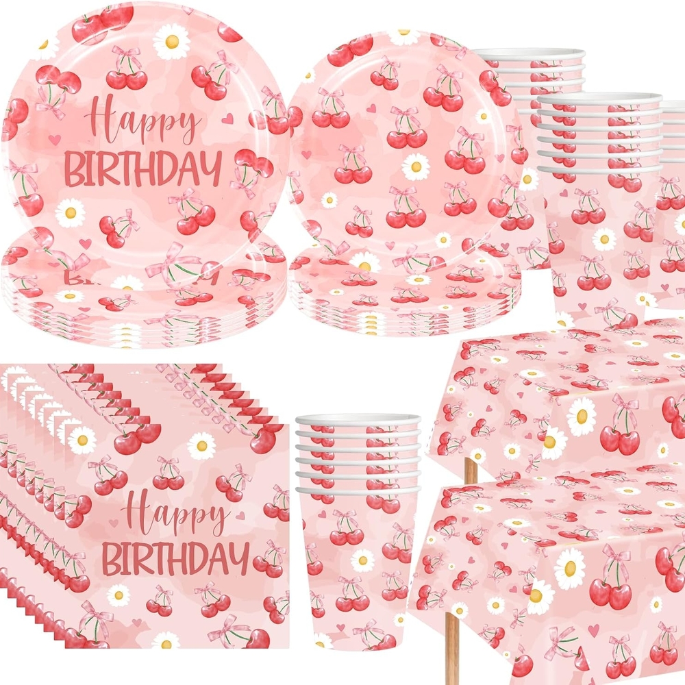 Cherry Birthday Party Supplies Disposable Tableware Set - Pink